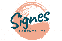 Logo rond couleur saumonée avec écriture bleu canard, marqué Signes et parentalité.