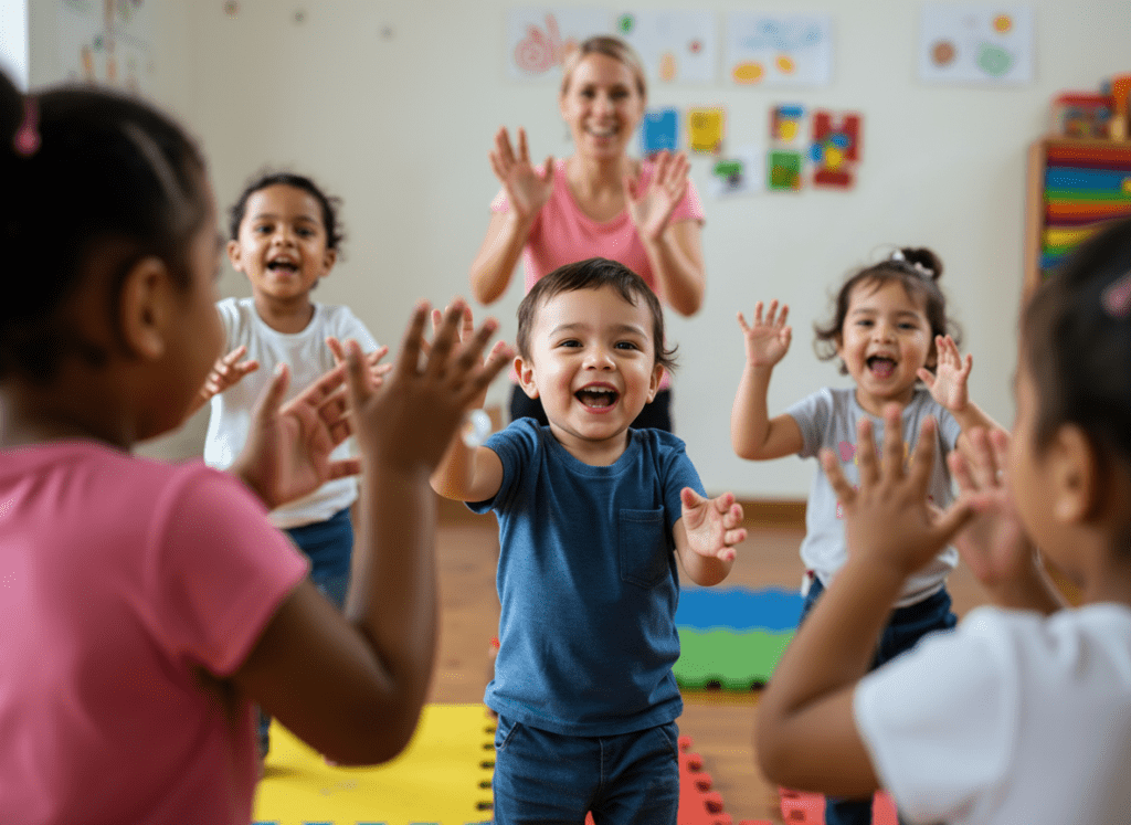 Groupe d'enfants en bas âge, très souriants, qui signent en crèche. Lors d'un atelier bébé signes. 